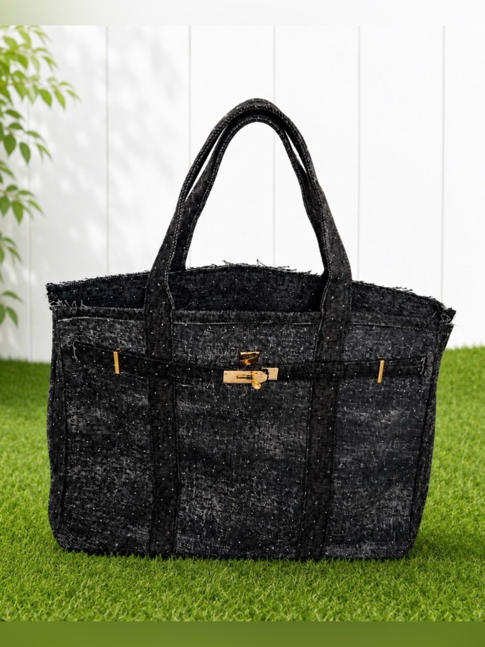 Boatkin Black Denim with Rhinestone Canvas Tote Bag~ Solid Color Carryall